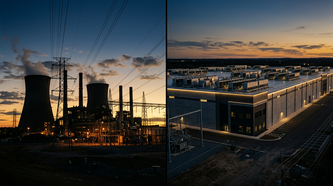 Thermal power plant at dusk beside a modern hyperscale data center — high-voltage transmission lines connecting the two